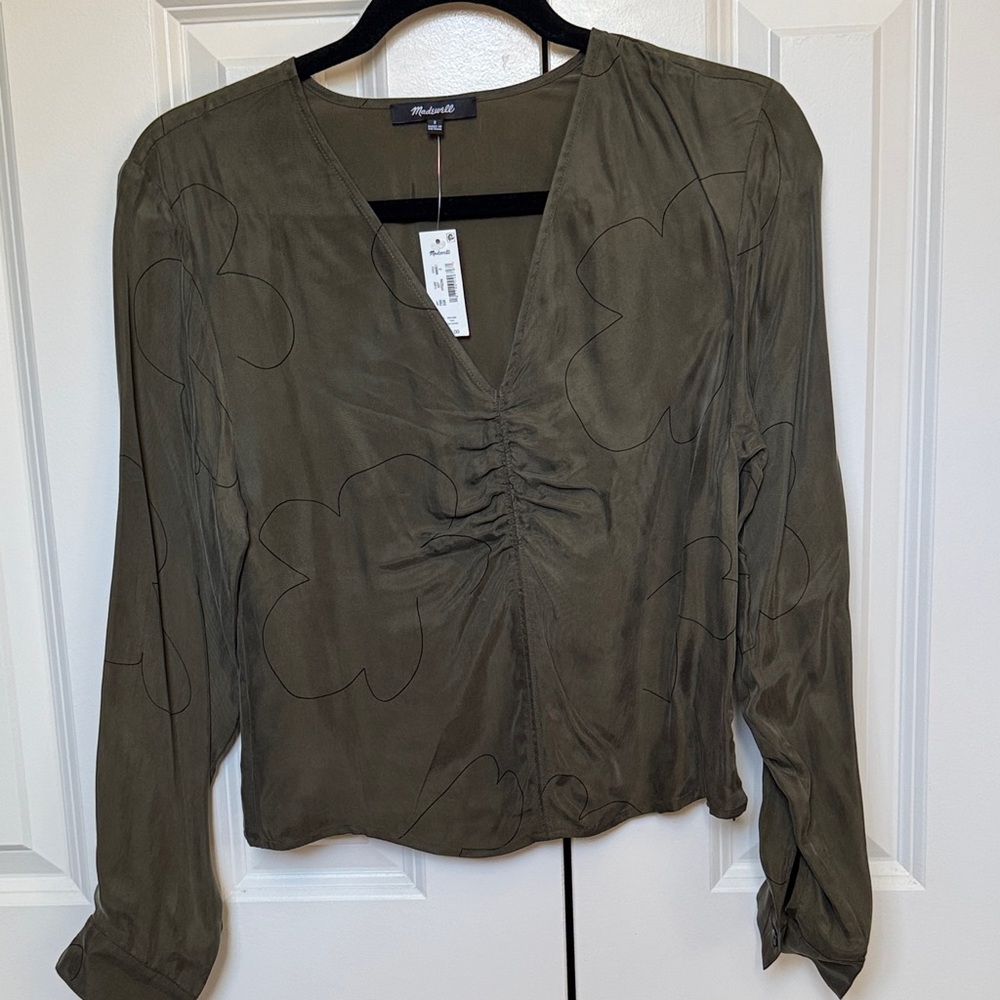 Madewell Olive Ruched V-Neck Blouse with Subtle Floral Outline